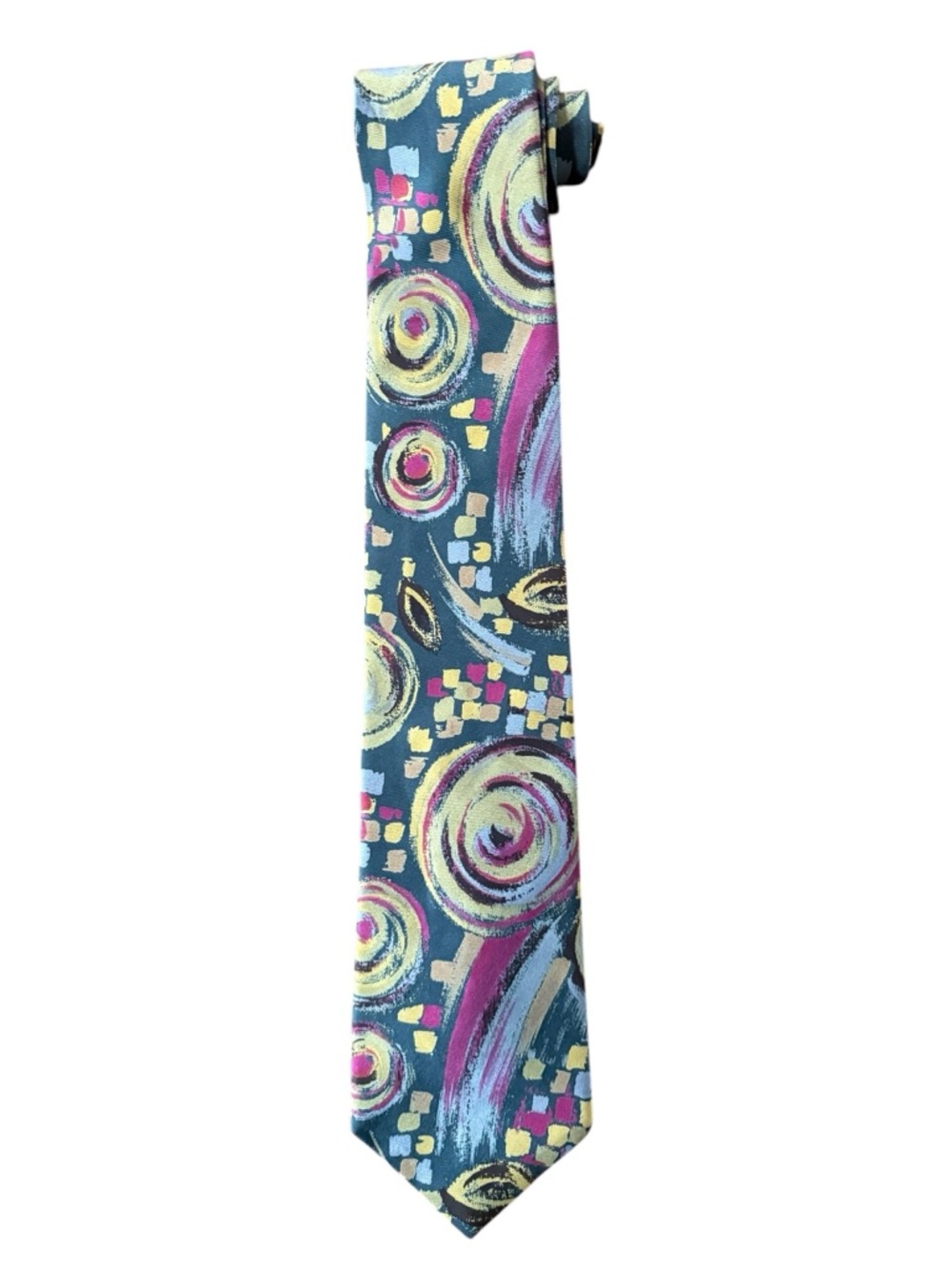 Harve Bénard Abstract Swirl Print Silk Necktie in Teal Green Purple Blue Yellow